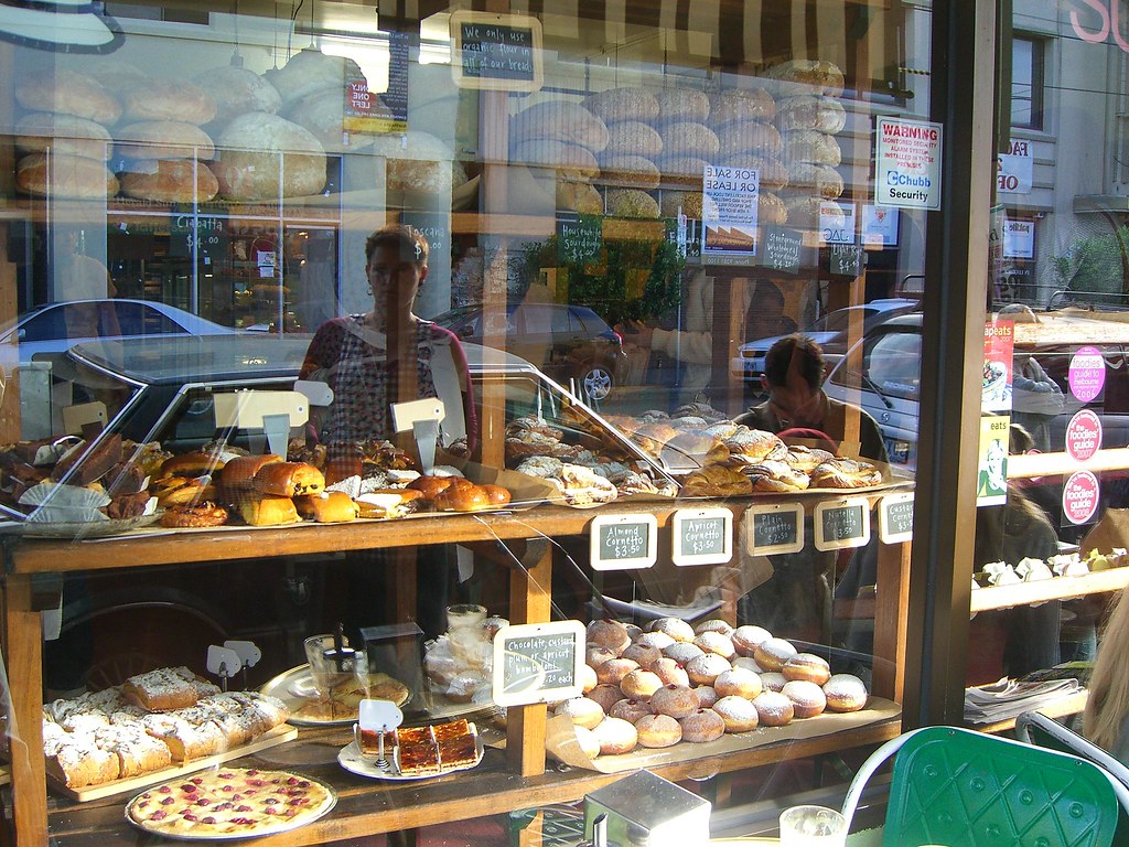 Bakery counter with freshly baked bread