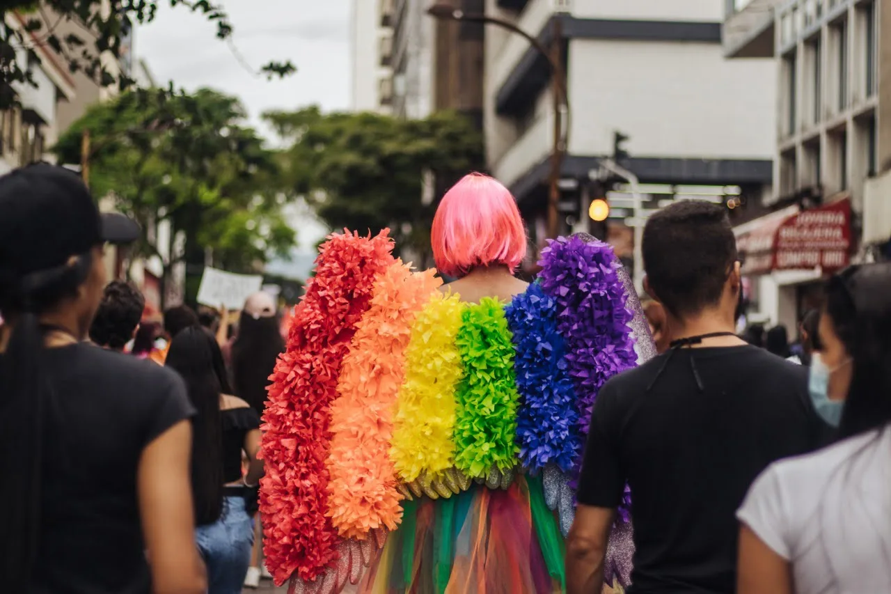 A person in a pink wig and a winged costume decorated with paper flowers in rainbow colors, walking away from the camera during a parade.