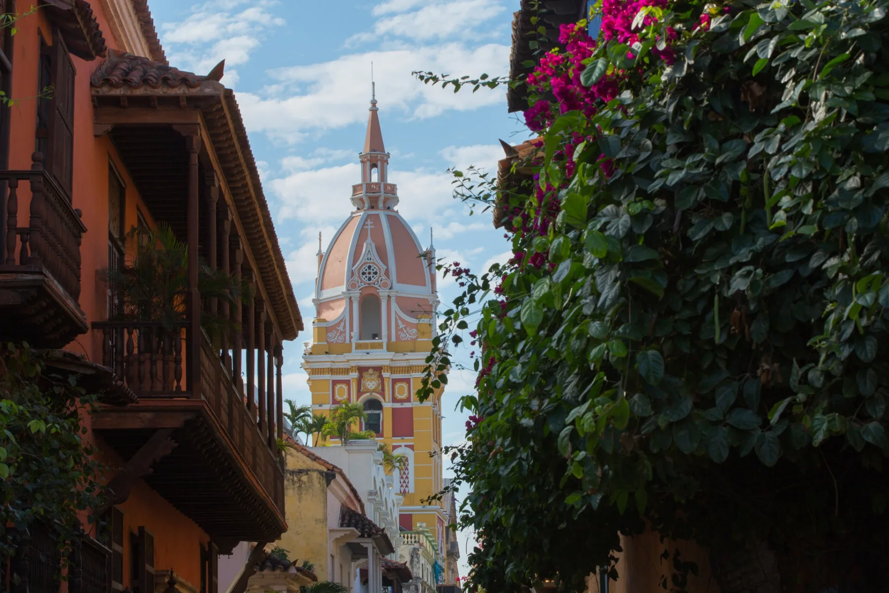 Colonial street in Cartagena de Indias with the cathedral dome in the background and bougainvillea in the foreground.